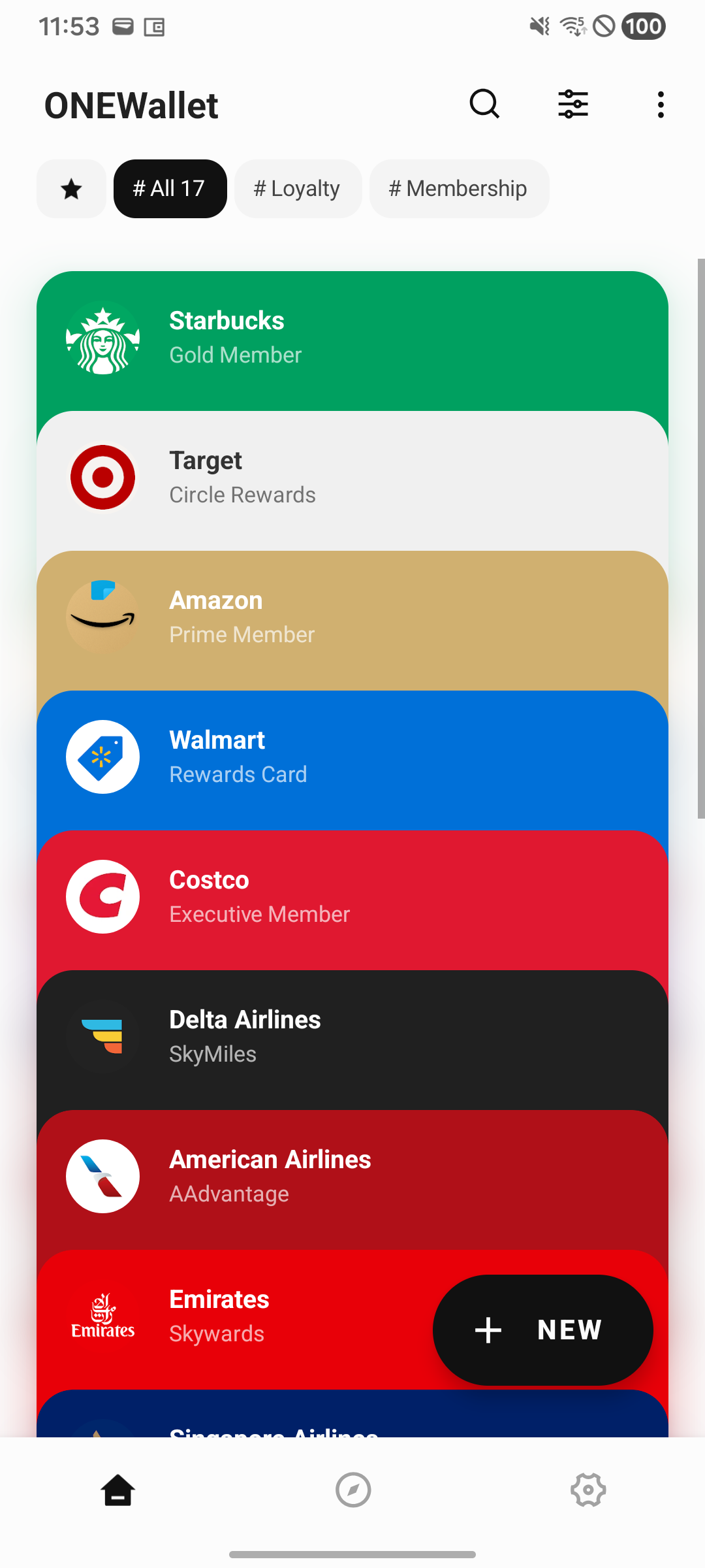ONEWallet home screen with all your cards