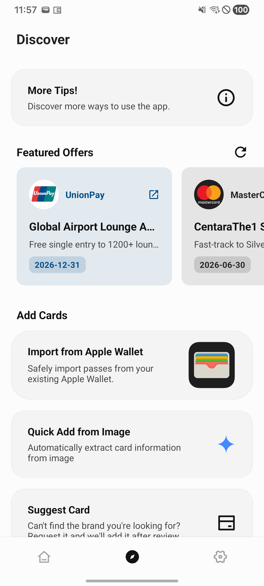 Discover tab with offers and tips